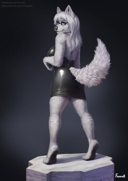 anthro backless_clothing backless_dress bangs barefoot biped black_clothing black_dress black_nose blue_eyes breasts butt butt_pose clothed clothing dress eyebrows eyewear feet female fur glasses grey_background hair latex latex_clothing latex_dress looking_at_viewer looking_back looking_back_at_viewer pose realistic_fur rear_view simple_background solo standing tail text white_body white_fur white_hair foxovh canid canine canis mammal wolf 2022 artist_name digital_media_(artwork) digital_painting_(artwork) full-length_portrait hi_res painting_(artwork) portrait shaded url