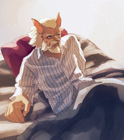 anthro bed bedding blanket brown_body brown_fur clothing facial_hair fur furniture hair male mature_male pajamas solo white_hair fusenryo cyberconnect2 fuga:_melodies_of_steel little_tail_bronx colonel_pretzel canid canine caninu canis domestic_dog mammal hi_res