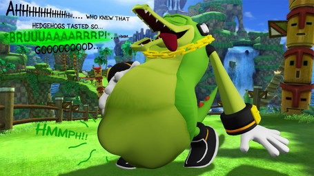 abdominal_bulge anthro black_clothing black_footwear black_shoes black_sneakers burping chain clothing dialogue electronics eyes_closed footwear gloves gold_(metal) gold_chain green_body green_hill_zone green_scales hand_on_belly handwear headphones looking_pleasured male male_pred male_prey muffled_screaming outside scales solo standing text tongue tongue_out vore white_clothing white_gloves white_handwear vorefan16 sega sonic_the_hedgehog_(series) sonic_the_hedgehog vector_the_crocodile crocodile crocodilian reptile scalie 16:9 2021 3d_(artwork) digital_media_(artwork) english_text hi_res widescreen