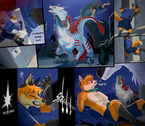 ambiguous_gender anthro anthro_prey bottomwear clothed clothing collar dialogue dipstick_tail ear_piercing facial_piercing feathers feral feral_pred fur group industrial_piercing male male_pred markings neck_bulge nose_piercing oral_vore orange_body piercing shorts stripes swallowing tail tail_markings text vore white_body white_fur softceiling angel_(bloodshotgemini) pascal_(kaffeefuchs) canid canine dinosaur dromaeosaurid feathered_dinosaur feathered_scalie fox mammal prehistoric_species reptile saurischian scalie theropod comic english_text hi_res