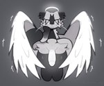 anthro big_penis big_wings black_arms black_body black_ears black_fur black_tip_tail clothing crop_top eyelashes feathered_wings feathers freckles fur genitals glowing glowing_eyes glowing_genitalia glowing_halo glowing_penis glowing_wings hair halo legwear male midriff penis piercing shirt sleeveless_shirt solo striped_body striped_fur stripes sweater thick_thighs thigh_highs topwear turtleneck whiskers white_body white_eyes white_fur white_hair wings purrmaxxing azzy_(purrmaxxing) angel domestic_cat felid feline felis mammal hi_res