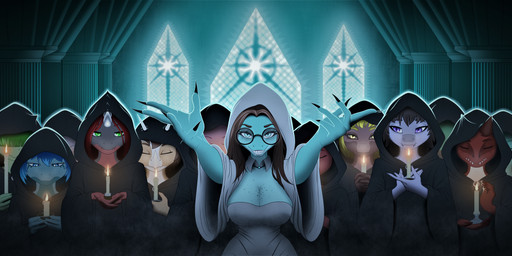 anthro breasts church clothing cult cultist eyewear female glasses group male robe window worship ricka_fox hold_onto_mi tiffany_(hold_onto_mi) dinosaur prehistoric_species reptile saurischian scalie theropod tyrannosaurid tyrannosauroid tyrannosaurus absurd_res hi_res