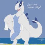 1:1 anthro anthrofied avian balls beach belly biped blue_belly blue_eyes blue_penis casual_nudity cute_fangs dialogue english_text flaccid foreskin generation_2_pokemon genitals hi_res humanoid_genitalia humanoid_penis legendary_pokemon looking_at_viewer lugia male navel nintendo nude nude_beach open_mouth outdoor_nudity outside partially_retracted_foreskin penis pokemon pokemon_(species) pokemorph posexe presenting sand seaside simple_background smile solo standing tail text towel towel_around_neck water white_body
