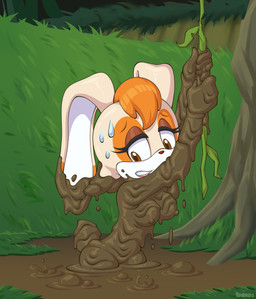anthro big_breasts bodily_fluids breasts brown_eyes bubble eyelashes female mud muddy nipples nude plant quicksand scut_tail short_tail solo sweat sweatdrop tail tan_body vines wam qajarito sega sonic_the_hedgehog_(series) vanilla_the_rabbit lagomorph leporid mammal rabbit 2026 hi_res