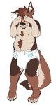 anthro blush brown_body brown_fur claws clean_diaper clothed clothing covering covering_eyes covering_face diaper diaper_only ear_piercing embarrassed finger_claws fur male piercing simple_background slightly_chubby smile solo standing tail tan_body tan_fur toe_claws topless wearing_diaper white_background slusheep canid canine canis domestic_dog german_shepherd herding_dog mammal pastoral_dog 2018 hi_res