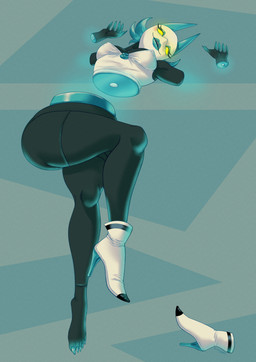 anthro barefoot black_body blue_hair blue_nails blush boots bottomless claws clothed clothing colored_nails crossed_legs detachable detachable_limbs detached_hand eyelashes feet female footwear hair high_heeled_boots high_heels in_pieces lipstick lying machine makeup modular nails on_back shoes solo toe_claws topwear yellow_eyes paisleyrose103 deltarune undertale_(series) tasque_manager darkner felid mammal robot absurd_res hi_res