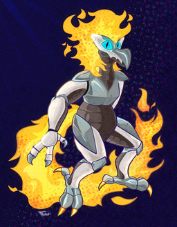 3_fingers anthro armor beak blue_eyes feet fingers fire flaming_hair flaming_tail floating glowing glowing_eyes machine male pseudo_hair solo tail talons toes the_foxitect robot absurd_res digital_drawing_(artwork) digital_media_(artwork) full-length_portrait hi_res portrait