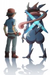 ambiguous_gender anthro black_hair blue_body blue_skin butt clothing duo fingerless_gloves footwear gloves hair handwear hat headgear headwear holding_object holding_pokeball male pokeball rear_view reflection semi-anthro shadow shoes simple_background standard_pokeball thick_thighs tongue chane-ko nintendo pokemon ash-greninja ash_ketchum pokemon_trainer amphibian generation_6_pokemon greninja human mammal pokemon_(species) 2:3