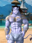 abs anthro beach biceps blue_body blue_fur blue_hair bulge chest_fur clothed clothing detailed_background front_view fur hair looking_at_viewer male muscular muscular_anthro muscular_male nipples open_mouth orange_eyes orange_stripes outside pecs pose quads sand seaside smile solo stripes swimwear teeth triceps water baiyushou final_fantasy final_fantasy_xiv square_enix felid hrothgar mammal 2020 hi_res pinup portrait three-quarter_portrait