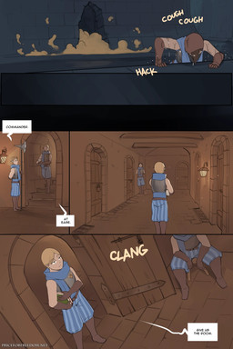 5_fingers armor blonde_hair breastplate dialogue dialogue_box fingers gas guard hair holding_object holding_weapon human_only inside light_body light_skin male melee_weapon not_furry speech_bubble text water weapon arbuzbudesh human mammal 2025 2:3 colored comic english_text hi_res url