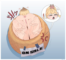 animal_ears animal_tail anus basket blonde_hair blue_background blush blush_lines bodily_fluids border brown_body brown_fur container crying dipstick_ears dipstick_tail ear_markings exclamation_point eyes_closed feet female fur genitals hair markings multicolored_ears nude open_mouth simple_background solo speech_bubble stuck tail tail_markings tan_body tan_fur tan_skin tears text thick_thighs vulva white_border wide_hips tofuchenco mihoyo zenless_zone_zero alice_thymefield animal_humanoid humanoid lagomorph lagomorph_humanoid leporid_humanoid mammal mammal_humanoid rabbit_humanoid thiren absurd_res hi_res