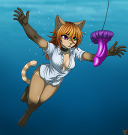 4_toes 5_fingers anthro bangs barbell_piercing breasts clothed clothing collar collared_shirt dildo feet female fingers green_eyes hair heterochromia inner_ear_fluff long_bangs medium_breasts nipple_outline nipple_piercing nipples open_mouth orange_hair panties partially_clothed piercing piercing_outline pink_clothing pink_panties pink_underwear purple_dildo purple_eyes sex_toy shirt solo swimming tail toes topwear tuft underwater underwear water wearing_collar white_clothing white_shirt white_topwear iginger bad_dragon nevermind_(nirvana) nirvana ginger_(iginger) domestic_cat felid feline felis mammal 2025 digital_media_(artwork) full-length_portrait hi_res portrait male_(lore)