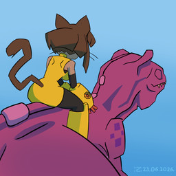 anthro brown_ears brown_hair brown_tail clothed clothed_anthro clothed_female clothing duo female female_anthro hair productions sergeiljin tail yellow_clothing gameoverse glitch_productions gobbles_(gameoverse) kit_bodega dinosaur domestic_cat felid feline felis mammal prehistoric_species reptile scalie 2026 dated hi_res
