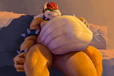abdominal_bulge anthro belly big_belly collar furniture hair horn huge_belly male male_pred muscular muscular_male red_eyes red_hair same_size_vore sitting sofa unseen_prey vore yellow_body volcha mario_bros nintendo bowser dragon_koopa koopa reptile scalie turtle digital_media_(artwork) digital_painting_(artwork) hi_res painting_(artwork)
