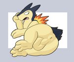 3_toes 6:5 anthro anus backsack balls birdvian butt covering covering_face fangs feet fire generation_2_pokemon genitals hi_res male nintendo open_mouth paws pokemon pokemon_(species) simple_background solo teeth toes typhlosion y_anus