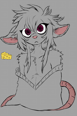 anthro cheese clothing dairy_products ears_up food fur hair looking_at_viewer male mouse_tail purple_eyes solo sweater tail topwear roli_poli mammal mouse murid murine rodent 2:3 hi_res