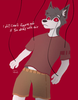 anthro biped body_control bottomwear brown_bottomwear brown_clothing brown_shorts clothed clothing controlled countershading front_view fully_clothed grey_hair hair male pupils puppet questionable_consent red_background red_clothing red_eyes red_shirt red_topwear shirt shorts simple_background slit_pupils solo standing string topwear white_body john_li canid canine mammal digital_media_(artwork) hi_res portrait signature three-quarter_portrait