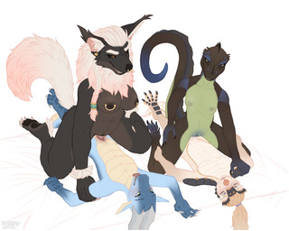 4_toes 5_fingers 5_toes anthro areola bald bed belly big_breasts big_ears black_claws black_nose black_sclera blonde_hair blue_body blue_scales blue_vulva blush braided_hair breasts brown_areola brown_body brown_ear_tips brown_fur brown_nipples brown_nose brown_pawpads brown_vulva chest_tuft claws curling_toes dipstick_ears dipstick_tail ear_markings ear_piercing ear_tuft erection eye_roll eyelashes facial_piercing feet female female_on_top fin fingers fluffy fluffy_hips fluffy_pussy fluffy_tail front_view fur furniture genitals gold_piercing gold_scales gradient_hair gradient_limbs green_body green_eyes green_nipples grey_body grey_claws grey_horn grey_scales gripping_bedding group hair hand_on_leg hand_on_thigh holding_partner holding_partner's_arm horn humanoid_genitalia humanoid_penis kneeling long_hair long_tail looking_at_another lying male male/female markings multicolored_body multicolored_ears multicolored_fur multicolored_hair nipple_piercing nipples nose_piercing nude on_back on_top on_top_of on_top_of_another open_mouth open_smile orange_eyes orgasm_face pawpads paws penis piercing pink_ears pink_hair pink_nose pink_tail_tip plantigrade pubes pupils purple_eyes scale_markings scales scuted_tail scutes simple_background slit_penis small_breasts small_ears smile spikes spread_toes stripes tail tail_fin tail_markings tan_belly tan_body tan_ears teeth thick_thighs tied_hair toe_claws toes tuft vulva white_body white_claws white_eyelashes white_fur white_hair white_pupils white_sclera yellow_eyes yellow_sclera rhaelrhaelrasputin mythology cett_(coldmanmoran) rhael_(rhaelrhaelrasputin) skye_(rhaelrhaelrasputin) canid canine dragon lizard mammal mythological_canine mythological_creature mythological_scalie pangolin reptile scalie werecanid werecanine werecreature werewolf 5:4 absurd_res digital_media_(artwork) hi_res trans_(lore)
