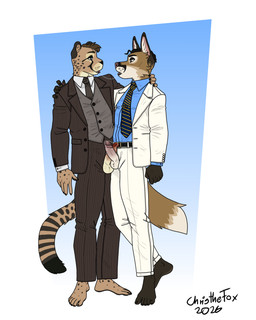 accessory anthro ball_tuft balls barefoot black_body black_clothing black_fur black_hair black_necktie black_nose black_suit black_suit_jacket blue_background blue_dress_shirt blue_eyes blue_necktie bodily_fluids bottomwear brown_body brown_eyebrows brown_eyes brown_fur brown_hair clothing collared_shirt countershade_face countershading dipstick_tail dress_shirt duo ear_piercing ear_stud erection eye_contact eyebrows feet foreskin fur genital_fluids genitals gradient_background grey_clothing grey_topwear grey_vest hair inner_ear_fluff looking_at_another male male/male male_anthro markings necktie open_mouth pants partially_clothed_male pattern_necktie pawpads penis penis_poking_out penis_through_fly piercing pink_inner_ear pink_nose plantigrade precum precum_on_penis precum_string red_penis retracted_foreskin saliva saliva_string shirt short_hair simple_background striped_markings striped_necktie striped_tail stripes suit suit_vest tail tail_markings tan_body tan_fur tan_inner_ear_fluff tie_clip tongue tongue_out topwear tuft vest whisker_spots whiskers white_background white_clothing white_dress_shirt white_inner_ear_fluff white_suit white_suit_jacket bartek22 julius_(darvince) sid_(bartek22) canid canine felid feline fox mammal miracinonyx prehistoric_species 2026 absurd_res dated digital_media_(artwork) flat_colors hi_res signature