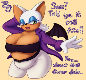 5_fingers anthro back_wings bat_wings belly belt big_belly big_breasts big_butt big_ears black_clothing black_nose black_shirt black_tank_top black_topwear blush blush_stickers bottomwear breasts butt cleavage clothed clothing dialogue eyelashes eyeshadow female fingers gloves green_eyes hair hand_behind_head handwear huge_breasts jacket lidded_eyes makeup membrane_(anatomy) membranous_wings midriff open_mouth open_smile overweight overweight_anthro overweight_female pants purple_clothing purple_jacket purple_topwear shirt simple_background smile solo standing talking_to_viewer tan_background tank_top text thick_thighs topwear white_bottomwear white_clothing white_gloves white_hair white_handwear white_pants wings bigger-ben sega sonic_the_hedgehog_(series) the_murder_of_sonic_the_hedgehog rouge_the_bat bat mammal 2025 digital_media_(artwork) english_text hi_res signature