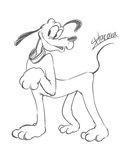 collar feral looking_aside paws quadruped raised_paw simple_background smile solo standing white_background harara disney pluto_(disney) canid canine canis domestic_dog mammal 2022 black_and_white hi_res monochrome signature sketch