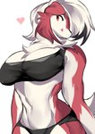 absurd_res anthro anthrofied aspirindabaitu big_breasts breasts canid canine cleavage clothed clothing facial_tuft female fur generation_7_pokemon hair heart_symbol hi_res looking_at_viewer lycanroc mammal midnight_lycanroc midriff navel nintendo pokemon pokemon_(species) pokemorph red_body red_eyes red_fur simple_background smile smiling_at_viewer solo tuft white_background white_body white_fur