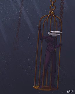 bars black_body blue_nipples blue_vulva breasts cage chain dark_body dark_skin dutch_angle female genitals gibbet in_cage looking_up mask masked_female nipples non-mammal_breasts non-mammal_nipples nude nude_female side_butt simple_background solo standing vulva white_mask warewolf_(artist) hollow_knight:_silksong hollow_knight_(franchise) team_cherry hornet_(hollow_knight) arthropod humanoid insect absurd_res hi_res signature