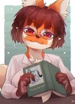 4_fingers anthro book breasts brown_body brown_fur brown_hair brown_nose chest_tuft chromatic_aberration claws clothed clothing collared_shirt eyewear female female_anthro finger_claws fingers fur glasses hair half-closed_eyes holding_book holding_object kemono looking_at_viewer narrowed_eyes orange_body orange_fur pawpads red_eyes shirt short_hair smile smiling_at_viewer solo text topwear tuft wearing_glasses white_body white_fur yellowparrottw yellowparrottw's_wolf canid canine mammal maned_wolf 2022 absurd_res digital_media_(artwork) english_text half-length_portrait hi_res portrait signature