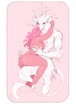 anthro anus barely_visible_anus braided_tail breasts butt digitigrade duo eyes_closed female female/female fur genitals hair hand_on_neck horn human_on_anthro interspecies kissing_neck larger_anthro larger_female muscular muscular_anthro muscular_female nipples pink_hair pussy side_boob simple_background sitting_on_leg size_difference smaller_female smaller_human smile spiral_horn tail white_body white_fur somanyfangs ambiguous_species human mammal 2020 hi_res