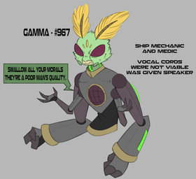 3_fingers 4_arms ambiguous_gender antennae_(anatomy) anthro clothed clothing compound_eyes cybernetics dialogue fingers fur green_body green_fur grey_background grey_clothing grey_suit machine mandibles multi_arm multi_limb purple_eyes simple_background small_waist solo speaker speech_bubble suit text three-quarter_view dooblebugs gamma_967 arthropod cyborg insect lepidopteran moth character_name digital_media_(artwork) english_text half-length_portrait hi_res portrait
