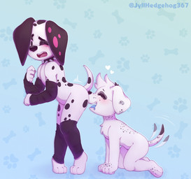 alternative_fashion anthro black_ears black_spots blush blush_lines bodily_fluids butt_sniffing collar drooling duo emo floppy_ears fur heterochromatic_ears leg_markings male male/male markings nose_to_anus pink_spots saliva sniffing socks_(marking) spiked_collar spikes spots spotted_body spotted_fur tail tail_motion tailwag white_body white_fur jyllhedgehog367 101_dalmatian_street 101_dalmatians disney danny_(101_dalmatian_street) dylan_(101_dalmatians) fan_character canid canine canis dalmatian domestic_dog mammal hi_res