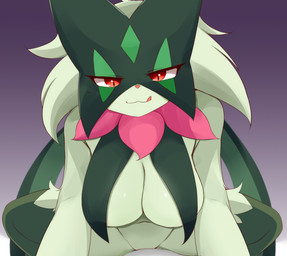 anthro bedroom_eyes big_breasts breast_curtains breasts female fur gradient_background green_body green_fur hanging_breasts licking licking_lips licking_own_lips looking_at_viewer narrowed_eyes pupils red_eyes seductive self_lick simple_background slit_pupils solo straddling tongue tongue_out ayatori nintendo pokemon felid feline generation_9_pokemon mammal meowscarada pokemon_(species) hi_res