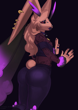 alternative_fashion anthro arm_tattoo big_butt black_clothing black_hair black_sclera bottomwear brown_body brown_fur bubble_butt butt chest_tattoo choker clothing dyed_fur ear_piercing eyebrow_piercing eyeshadow facial_piercing femboy fishnet_clothing fur goth gradient_hair hair hand_tattoo highlights_(coloring) inner_ear_fluff jewelry lip_piercing lips lipstick long_hair makeup male necklace nipple_piercing nipples nose_piercing pants piercing presenting presenting_hindquarters purple_eyeshadow purple_fluff purple_hair purple_lips purple_lipstick red_eyes ring_piercing round_tail solo spiked_choker tail tattoo tight_bottomwear tight_clothing tight_pants tramp_stamp tuft wrist_fluff pulred nintendo pokemon anthos_miserae_(mitzapizza) generation_4_pokemon lagomorph lopunny mammal pokemon_(species) absurd_res hi_res