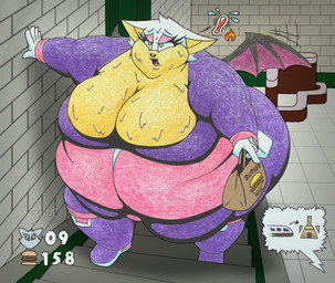 5_fingers anthro bat_wings belly big_belly big_breasts big_butt black_nose bodily_fluids boots breasts butt chubby_cheeks cleavage clothed clothing eyelashes eyeshadow female fingers footwear gloves green_eyes hair handwear holding_bag hud huge_belly huge_breasts huge_butt hyper hyper_belly hyper_butt jumpsuit lidded_eyes long_eyelashes makeup membrane_(anatomy) membranous_wings morbidly_obese morbidly_obese_anthro morbidly_obese_female obese obese_anthro obese_female open_mouth overweight overweight_anthro overweight_female purple_boots purple_clothing purple_footwear shoes solo speech_bubble stairs sweat sweating_profusely text tongue white_clothing white_gloves white_hair white_handwear wings snaphappy sega sonic_the_hedgehog_(series) rouge_the_bat bat mammal 2025 english_text mixed_media