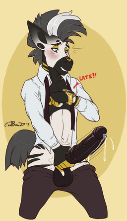 animal_genitalia animal_penis anthro balls big_penis blue_eyes blush bodily_fluids clock clothed clothing equine_genitalia equine_penis erection genital_fluids genitals male masturbation penis precum shirt solo topwear castbound russel_(xhyra) equid equine mammal zebra 2017 hi_res