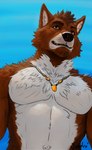 anthro brown_body brown_hair hair jewelry male muscular necklace no_shirt smile smirk solo upper_body jondrethefurry canid canine mammal absurd_res hi_res