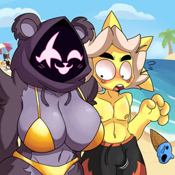 anthro beach big_breasts bikini breasts clothing duo female male male/female swimwear two-piece_swimsuit yuzlutt epic_games fortnite golden_week cate_meowdy raven_team_leader sunspot_(fortnite) bear felid mammal 1:1 absurd_res hi_res