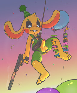 anthro balloon balls beretta_m9 biped birthday buckteeth clothing fur genitals gradient_background gun gun_smoke handgun harness hat headgear headwear heat_(temperature) holding_butt holding_own_butt humanoid_genitalia humanoid_penis inflatable male overheated party_hat penis pistol popped_balloon ranged_weapon rope silencer simple_background smoke solo tactical_gear teeth weapon yellow_body yellow_fur badipoki mob_entertainment poppy_playtime bunzo_bunny lagomorph leporid mammal rabbit absurd_res hi_res