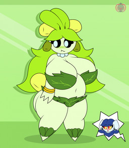 anklet anthro big_breasts bikini black_sclera blue_body blue_hair blush blush_lines bra bracelet breasts cleavage clothed clothing duo ear_piercing ear_ring eyelashes female gem green_background green_body green_hair hair huge_breasts huge_thighs jewelry leaf_clothing long_hair navel neck_tuft necklace overweight panties pearl_(gem) pearl_necklace piercing plant red_eyes ring_piercing simple_background solo_focus swimwear thick_thighs tuft two-piece_swimsuit underwear white_eyes yellow_sclera s0rcius nintendo pokemon amanda_(unfortu-nate) candela_(crystalstic) dolliv elemental_creature flora_fauna generation_9_pokemon pokemon_(species) 2026 digital_media_(artwork) hi_res