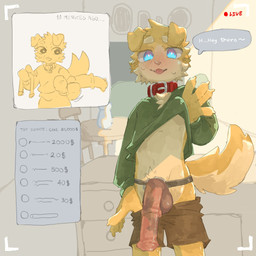 5_fingers animal_genitalia animal_penis anthro arm_tuft balls blue_eyes bodily_fluids bottomwear bottomwear_down brown_balls chair chest_tuft claws clothed clothing clothing_lift collar countertop crotch_tuft dialogue equine_genitalia equine_penis eyebrows facial_tuft finger_claws fingers floppy_ears fluffy fluffy_tail fur furniture genitals green_clothing green_shirt green_topwear humanoid_genitalia humanoid_penis kemono livestream looking_at_viewer male open_mouth pants pants_down partially_clothed penis pink_penis recording red_collar shirt shirt_lift shoulder_tuft smile smiling_at_viewer solo speech_bubble strapon sweat sweatdrop table tail tan_body tan_eyebrows tan_fur text topwear tuft yellow_body yellow_fur young regcron crowl_(regcron) canid canine canis domestic_dog mammal 1:1 2026 english_text hi_res portrait sequence three-quarter_portrait