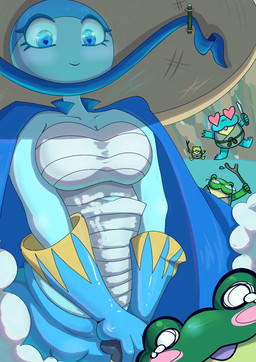 anthro female group male male/female palmorph powderthebushi palworld pocketpair bushi_(pal) croajiro_(pal) humanoid pal_(species) hi_res
