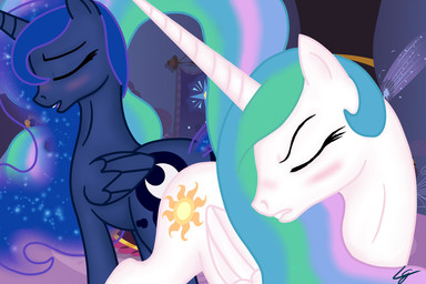 blue_body blue_feathers blush butt cutie_mark duo feathered_wings feathers female feral horn moon sun tail white_body white_feathers wings lowgravity friendship_is_magic hasbro my_little_pony mythology princess_celestia_(mlp) princess_luna_(mlp) equid equine mammal mythological_creature mythological_equine winged_unicorn sibling_(lore) sister_(lore) sisters_(lore)