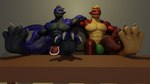 16:9 3d_(artwork) anthro blue_body bulge clothing dergdrister digital_media_(artwork) dragon drister_(dergdrister) duo feet foot_focus hi_res jockstrap male male/male muscular mythological_creature mythological_scalie mythology paw_day paws red_body scalie simple_background slightly_chubby smile tail tyler_(dergdrister) underwear widescreen