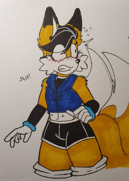 anthro arm_tuft blush bottomwear caught clothed clothing cosplay crossdressing eyelashes fangs femboy long_eyelashes looking_aside male motion_lines panicking profanity shorts shoulder_tuft solo teeth thick_thighs tuft justsomeidiotonline sega sonic_the_hedgehog_(series) miles_prower_(anti-tails) sally_acorn canid canine fox mammal red_fox true_fox absurd_res hi_res