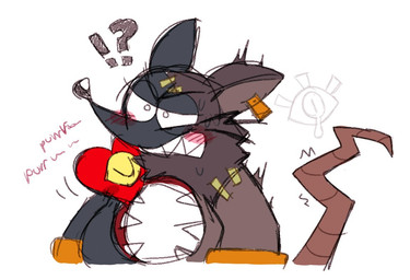 anthro blush cuddling duo ear_piercing ear_tag embarrassed heart_symbol hole_(anatomy) interrobang male piercing purring stitch_(sewing) seraph_hhh mad_rat_dead nippon_ichi_software heart_(mad_rat_dead) mad_rat_(mad_rat_dead) mammal murid murine rat rodent