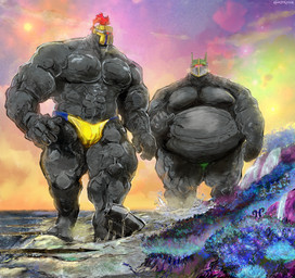 alien_planet armor beach belly big_belly blush brunt_spaceknight clothing duo headgear helmet knight looking_at_another machine macro male muscular nomad_spaceknight overweight overweight_male size_difference spaceknight sunset swimwear warrior aokamidu robot absurd_res hi_res