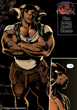 anthro arm_hair arm_scar big_muscles body_hair bottomwear brown_body brown_bottomwear brown_clothing brown_eyes brown_pants chest_hair clothed clothed_male clothing crossed_arms curly_hair eyebrows facial_scar green_clothing green_shirt green_topwear hair horn jewelry male muscular muscular_anthro muscular_male necklace night outside pants scar shirt solo speech_bubble text thick_eyebrows topwear purplebirdman roshim_(purplebirdman) bovid caprine goat mammal sheep 2023 better_version_at_source colored comic shaded