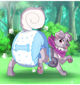alternate_color ambiguous_gender bag big_diaper clean_diaper clothed clothing cloud_emanata curled_tail diaper diaper_puff dipstick_ears ear_markings emanata feral floppy_ears forest forest_background gloves_(marking) grass head_tuft huge_diaper kerchief looking_at_viewer looking_back looking_back_at_viewer markings multicolored_ears nature nature_background neckerchief neckwear pawpads pink_inner_ear pink_pawpads pink_tongue plant purple_kerchief purple_neckerchief raised_leg satchel shrub solo tail text tongue tongue_out tree tuft wearing_diaper whisker_spots jupiters nintendo pokemon fan_character generation_7_pokemon pokemon_(species) rockruff english_text hi_res letterbox
