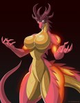 anthro big_breasts breasts countershade_legs countershade_thighs countershade_torso countershading eyebrow_spikes fangs featureless_breasts featureless_crotch female front_view glowing glowing_arms glowing_body glowing_eyes glowing_legs glowing_tail gold_scales horn long_tail nude nude_female open_mouth raised_hands red_body simple_background solo spikes spines tail teeth thick_thighs thigh_spikes hiverdose xplaysx mythology unnamed_character dragon mythological_creature mythological_scalie scalie digital_drawing_(artwork) digital_media_(artwork) hi_res