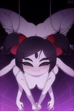 6_arms butt female genitals hair looking_at_viewer multi_arm multi_eye multi_limb nude purple_body purple_hair simple_background smile smiling_at_viewer solo vulva p0stalk undertale undertale_(series) muffet animal_humanoid arachnid arachnid_humanoid arthropod arthropod_humanoid humanoid spider_humanoid 2026 hi_res